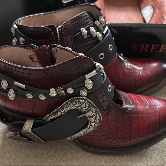 freebird Shoes - freebird Burgundy Croc-Embossed Leather Ankle Boots with Studded Buckles